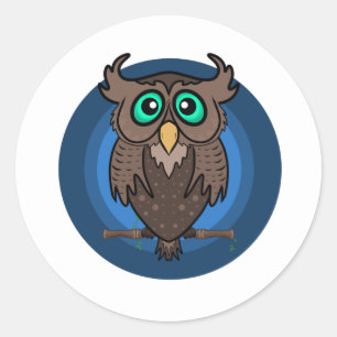 Great Horned Cartoon Owl Ocean Blue  Classic Round Sticker