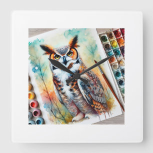Great Horned Owl 020924AREF107 - Watercolor Square Wall Clock