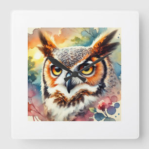 Great Horned Owl 200724AREF106 - Watercolor Square Wall Clock