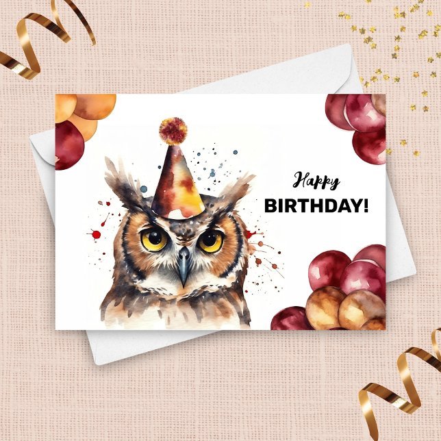 Great Horned Owl Balloons and Party Hat Birthday Card (Creator Uploaded)