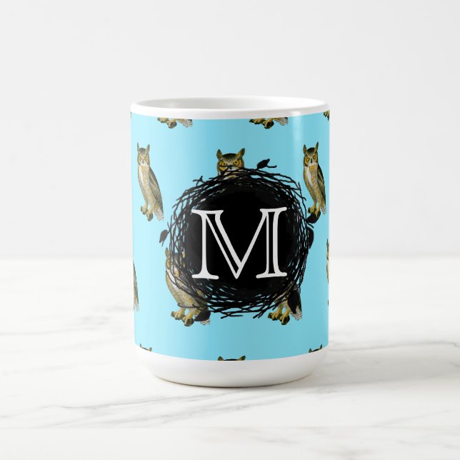 Great Horned Owl Blue Pattern Monogram Coffee Mug (Center)