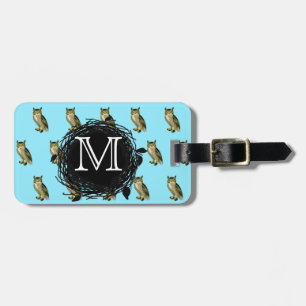 Great Horned Owl Blue Pattern Monogram Luggage Tag