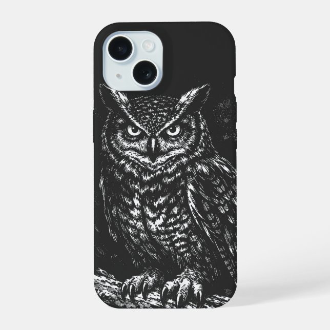 Great Horned Owl — by BurnsInHell iPhone 15 Case (Back)