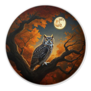 Great Horned Owl in Autumn Ceramic Knob