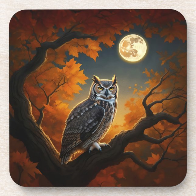 Great Horned Owl in Autumn Coaster (Front)