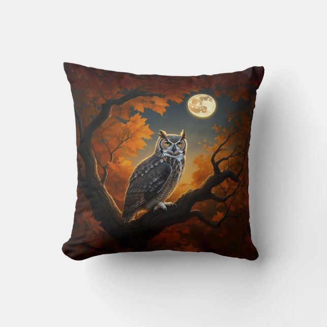 Great Horned Owl in Autumn Cushion (Front)