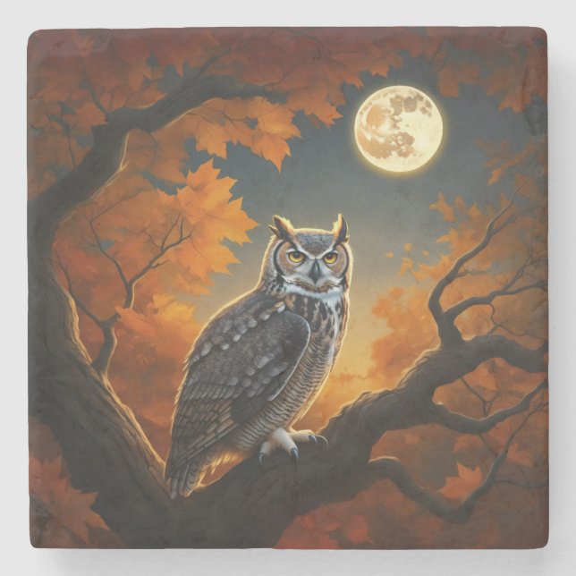 Great Horned Owl in Autumn Stone Coaster (Front)