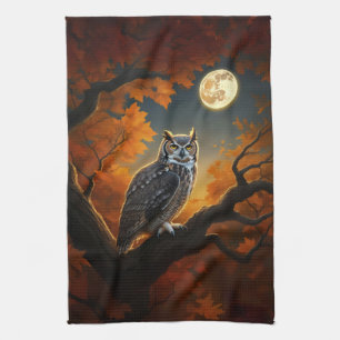 Great Horned Owl in Autumn Tea Towel