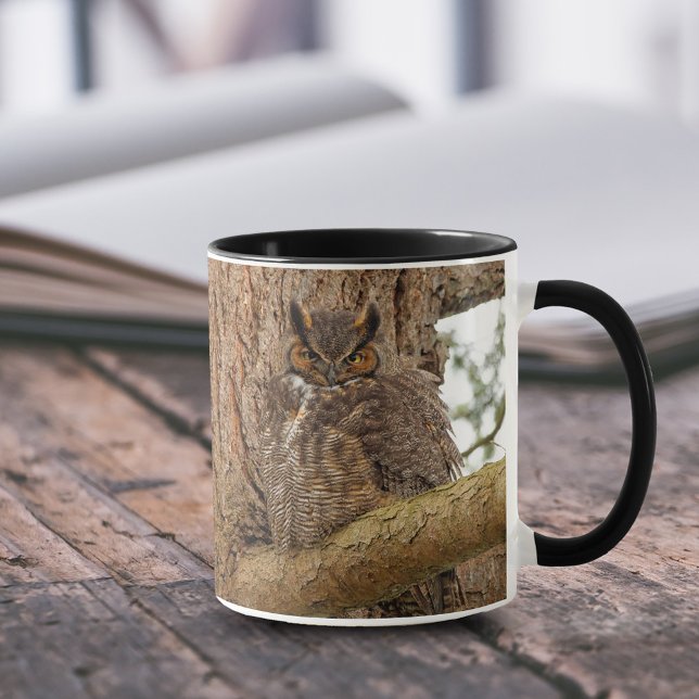 Great Horned Owl Raptor in Douglas Fir Mug (Great Horned Owl in Douglas Fir 11 oz Coffee Mug Cover Photo.)