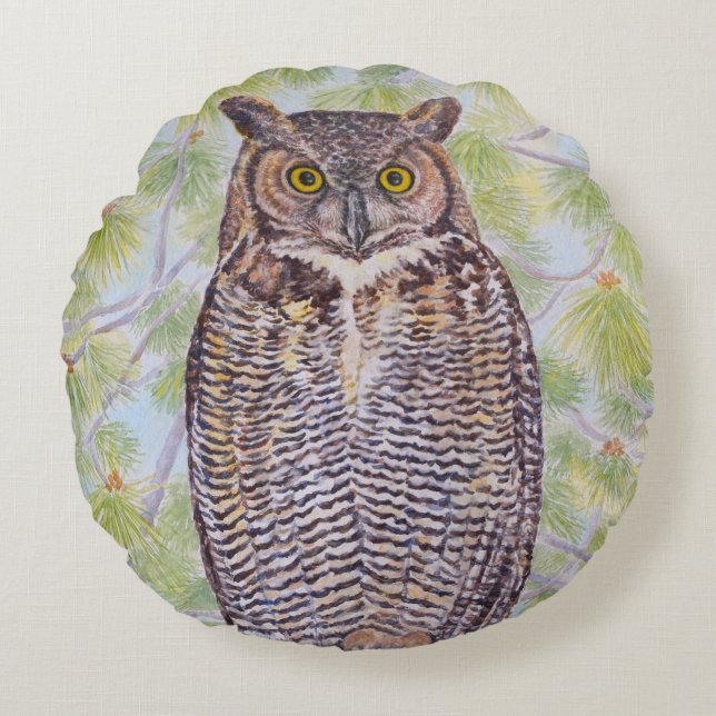 Great Horned Owl Round Cushion (Front)