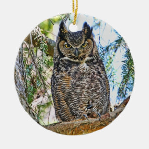 Great Horned Owl Staring Ceramic Tree Decoration