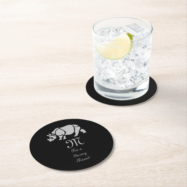 Great Indian Rhinoceros The Unicorn Rhino Monogram Round Paper Coaster (Insitu)