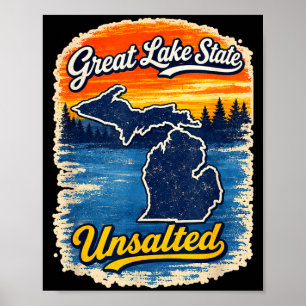 Great lake state unsalted michigan map vintage poster