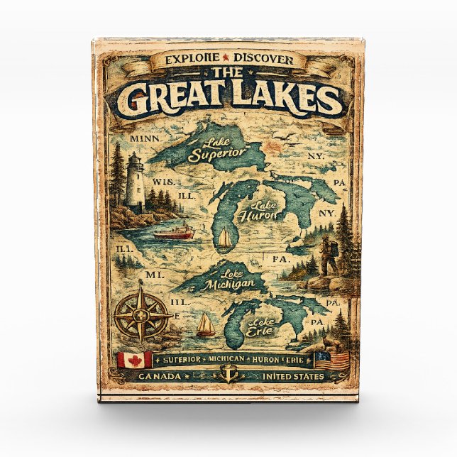 Great Lakes Vintage Map Destination Photo Block (Front)