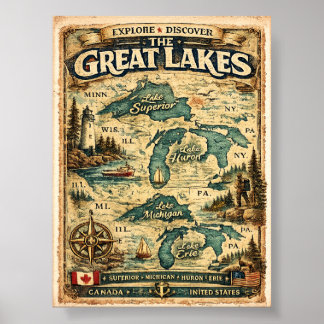 Great Lakes Vintage Map Destination Poster