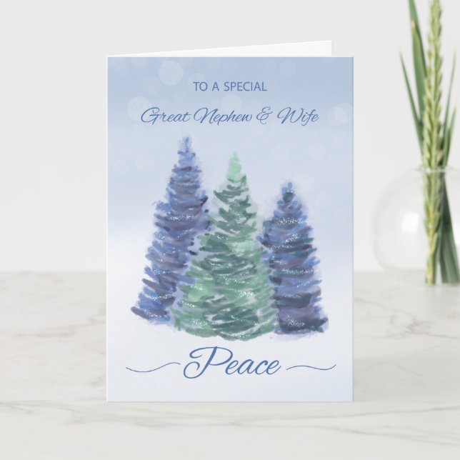 Great Nephew and Wife Holiday Peace Evergreen Tree Card (Front)