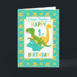 Great Nephew Dinosaur 1st Birthday Blue Card<br><div class="desc">A fun 1st birthday card for your great Nephew. This bright first birthday card features a cartoon green T-Rex dinosaur, a yellow Brontosaurus and a blue Triceratops, set on a blue and yellow dinosaur background A lovely cute design for a little boy who will be one years old. The birthday...</div>