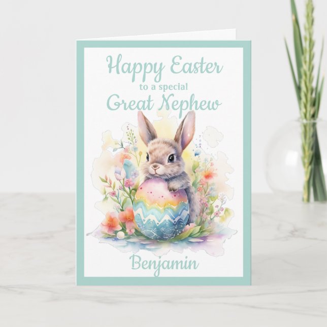 Great Nephew Happy Easter Bunny Egg Blue  Holiday Card (Front)