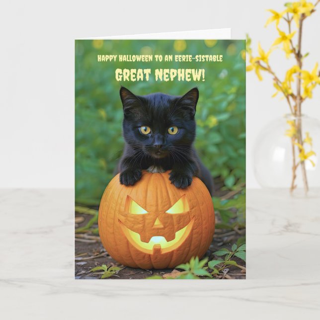 Great Nephew Little Black Kitten Cat Halloween Card (Yellow Flower)