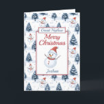 Great Nephew Merry Christmas Snowman Holiday Card<br><div class="desc">A lovely great nephew Christmas card. Design pattern features cute snowmen wearing red santa hats and scarfs and blue snow covered fir trees all on a snowy background. All text can be amended as needed to customise - change great nephew to nephew grandson, son or brother, then personalise with a...</div>