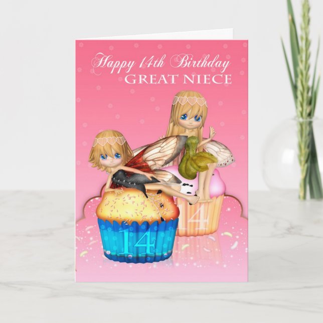 Great Niece 14th Birthday With Cute Fairies Cakes Card (Front)