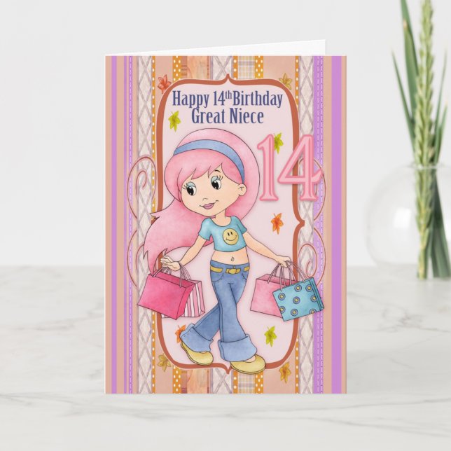 Great Niece 14th Birthday With Cute Shopping Teen Card (Front)