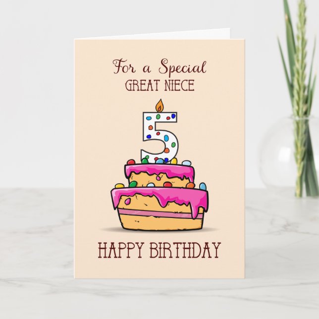 Great Niece 5th Birthday, 5 on Sweet Pink Cake Card (Front)