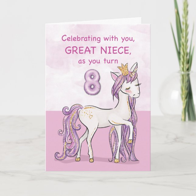 Great Niece 8th Birthday Pink Horse With Crown Card (Front)