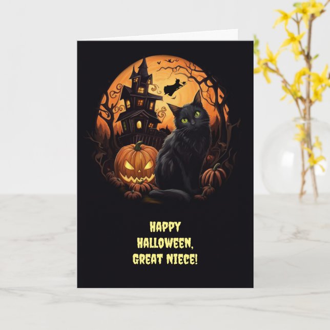 Great Niece Cute Black Cats Happy Halloween  Card (Yellow Flower)