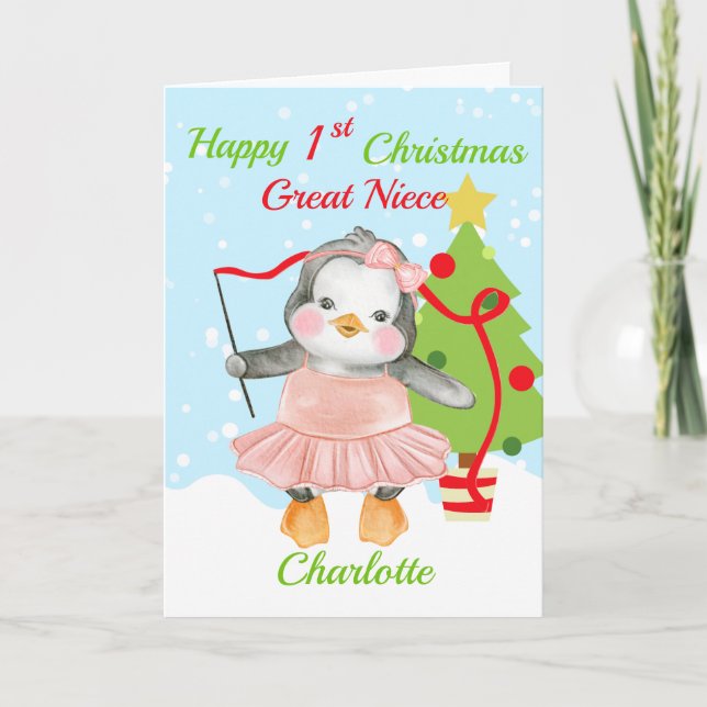 Great Niece Happy 1st Christmas Penguin Ballerina  Holiday Card (Front)