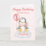 Great Niece Penguin Happy 1st Birthday Card<br><div class="desc">A cute 1st birthday Great Niece baby penguin birthday card. The card features a baby girl penguin sitting on a cloud holding a balloon. A sweet design for a little girl who will be one years old. Add the child, s name to the front of the card to customise it...</div>