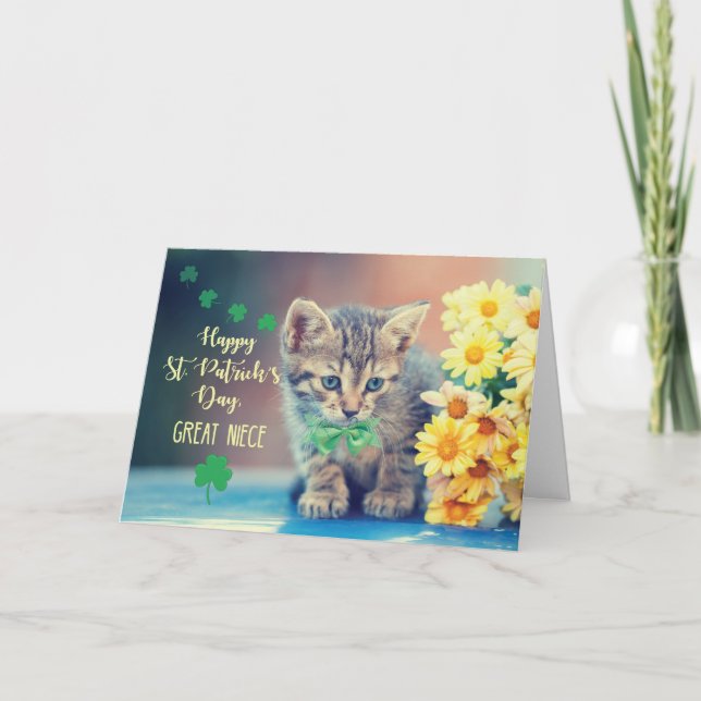 Great Niece St. Patrick’s Day Kitten with Daisies Card (Front)