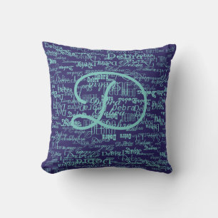 great pattern of names on blue outdoor cushion
