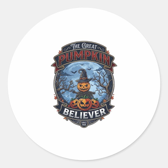 Great Pumpkin Believer Scarecrow Witch Hat Hallowe Classic Round Sticker (Front)