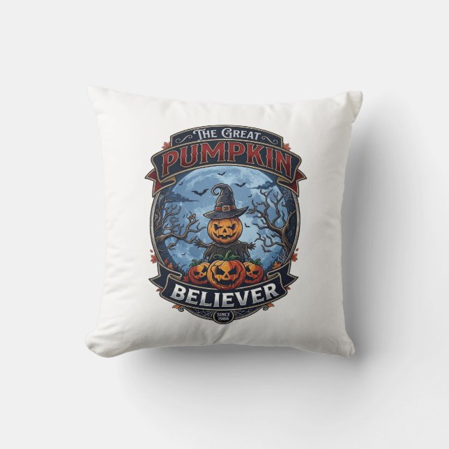 Great Pumpkin Believer Scarecrow Witch Hat Hallowe Cushion (Front)