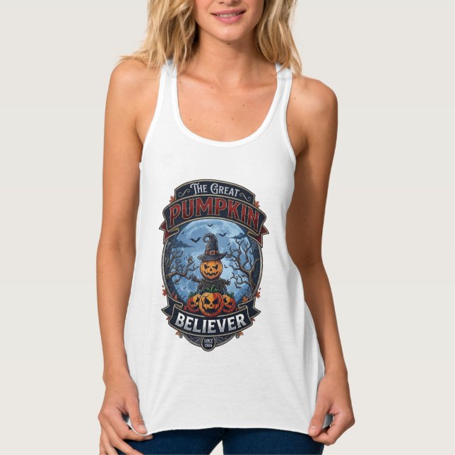 Great Pumpkin Believer Scarecrow Witch Hat Hallowe Singlet (Front)