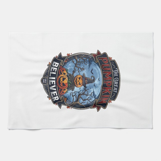 Great Pumpkin Believer Scarecrow Witch Hat Hallowe Tea Towel (Horizontal)