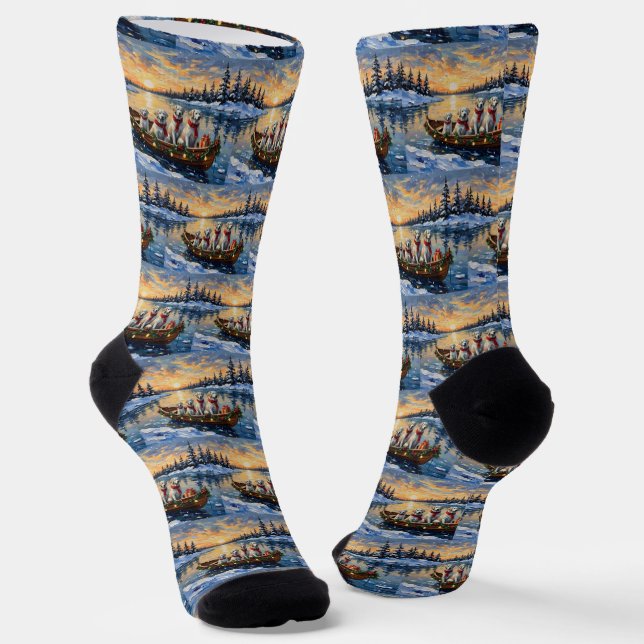 Great Pyrenees Christmas Boat Holiday Socks (Angled)