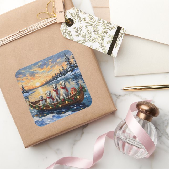 Great Pyrenees Christmas Boat Holiday Square Sticker (Gifting)