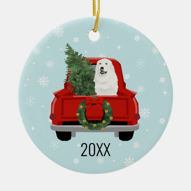 Great Pyrenees Christmas Red Truck Ceramic Tree Decoration (Front)