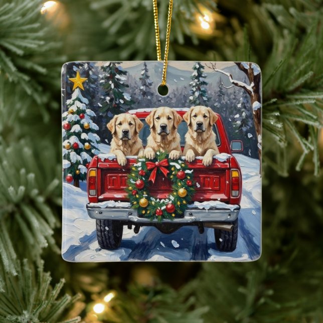 Great Pyrenees Christmas Red Truck Holiday Ceramic Ornament (Tree)