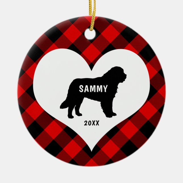 Great Pyrenees dog breed name + date Red Plaid Ceramic Tree Decoration (Front)