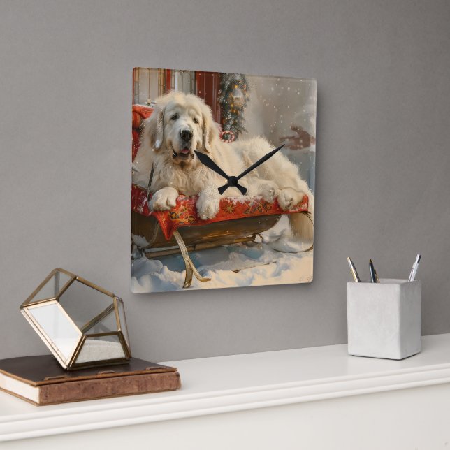 Great Pyrenees Dog Christmas Festive Square Wall Clock (Office)