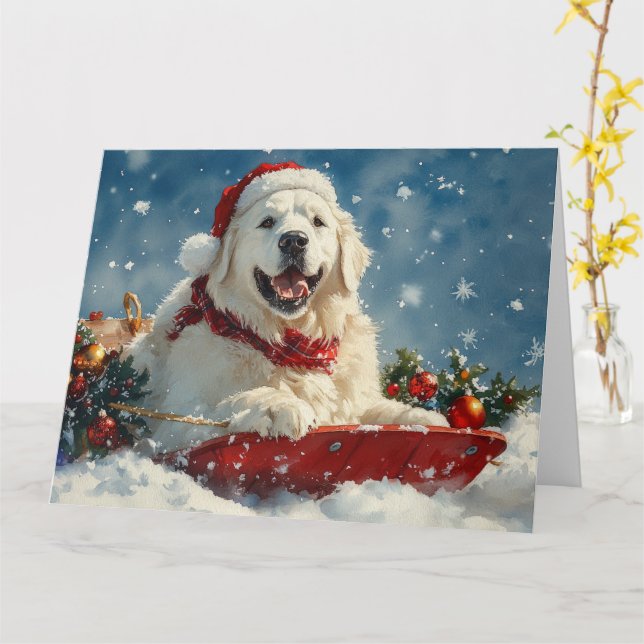 Great Pyrenees Dog in Sledge Let it Snow Christmas Card (Yellow Flower)