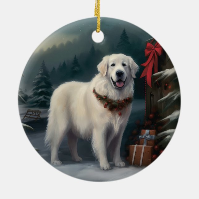 Great Pyrenees Dog in Snow Christmas Ceramic Tree Decoration (Back)