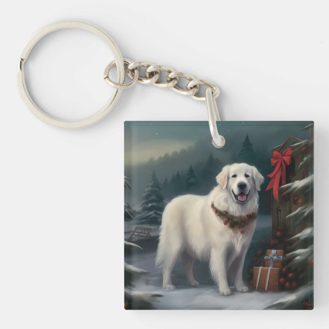 Great Pyrenees Dog in Snow Christmas Key Ring (Front)