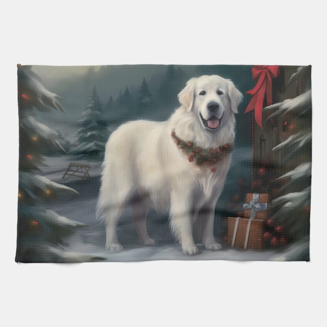 Great Pyrenees Dog in Snow Christmas Tea Towel (Horizontal)