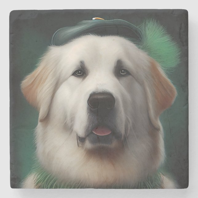 Great Pyrenees Dog in St. Patrick's Day Dress Stone Coaster (Front)