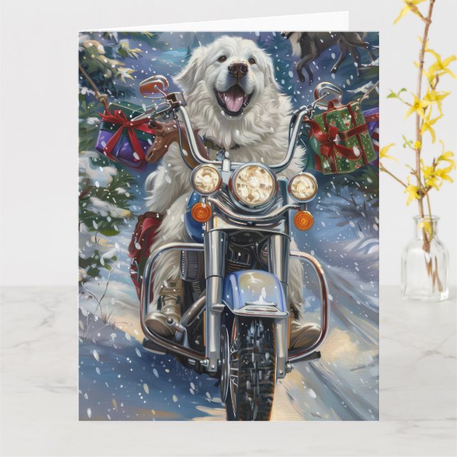 Great Pyrenees Dog Riding Motorcycle Christmas Card (Yellow Flower)