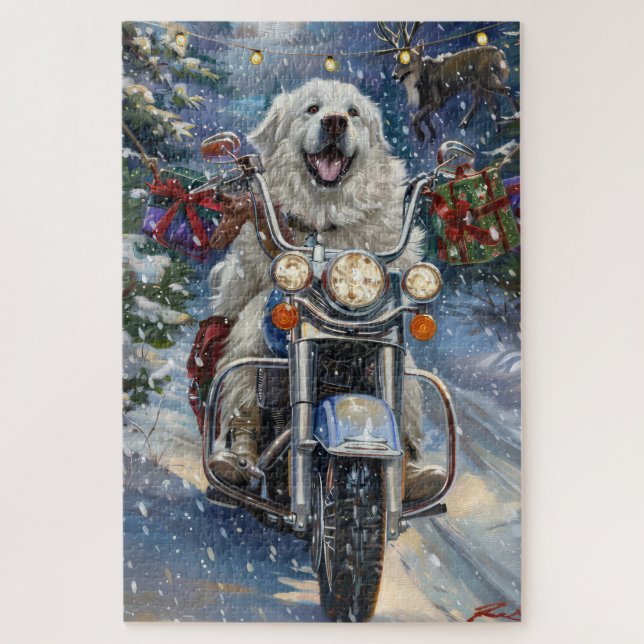 Great Pyrenees Dog Riding Motorcycle Christmas Jigsaw Puzzle (Vertical)